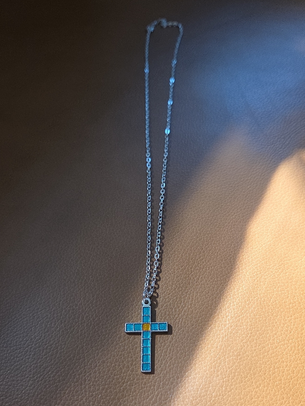 Silver Cross Necklace with Turquoise and Yellow Inlay